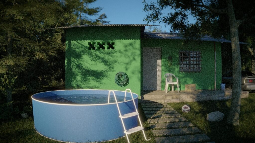 A quaint outdoor setting featuring a vibrant green house and round above-ground pool.