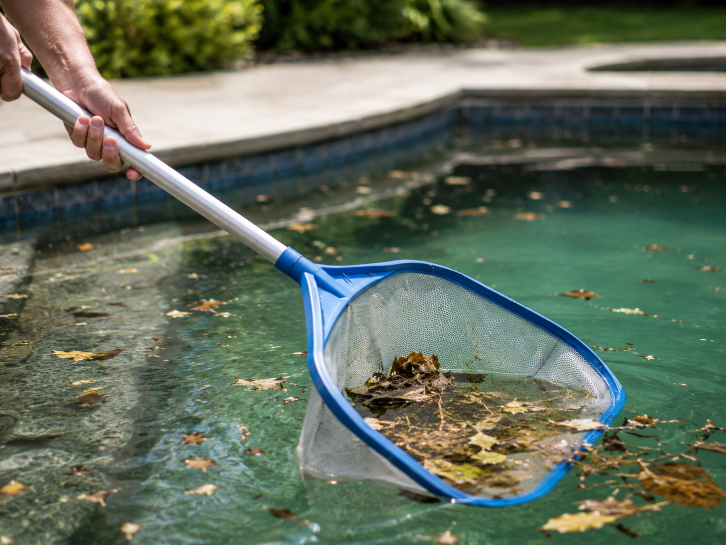 Pool cleaner skimming leaves and debris from a residential swimming pool in Hayward, California