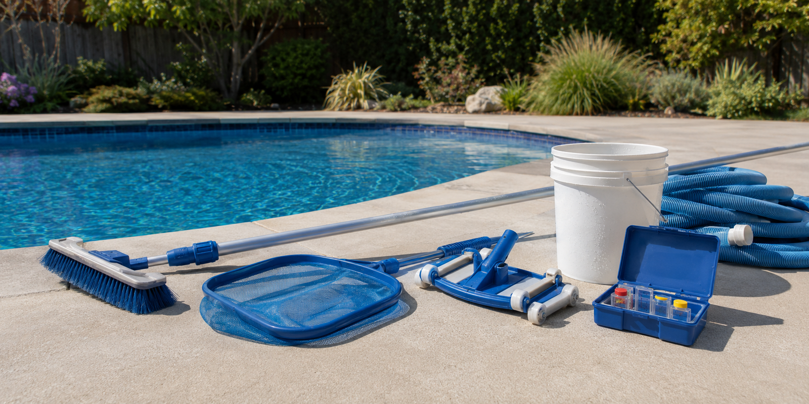 Clear chlorine swimming pool receiving routine maintenance