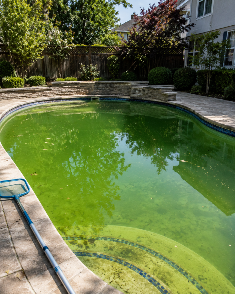 Green pool cleanup and algae treatment for a residential swimming pool in Hayward, California