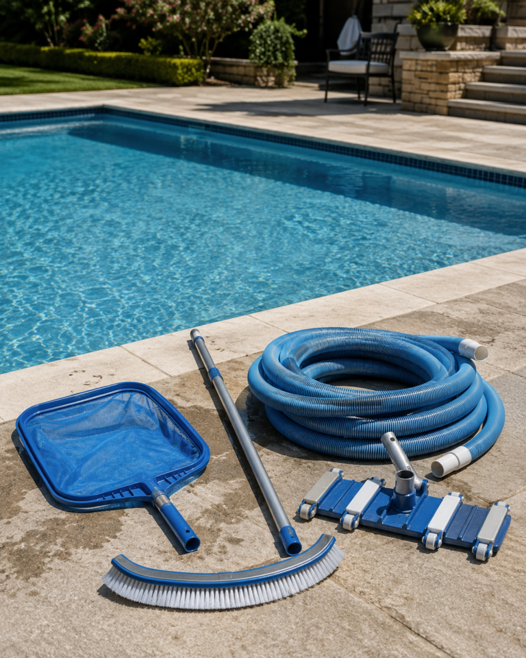 One-time pool cleaning service removing leaves and debris from a residential pool in Hayward, California
