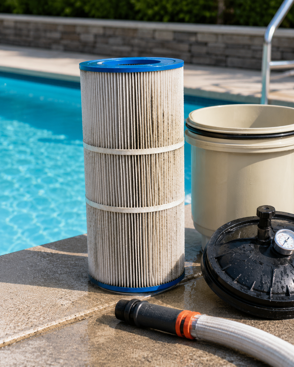 Pool filter cleaning and maintenance service at a residential pool in Hayward, California