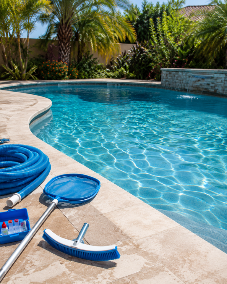 Saltwater pool cleaning and water testing service at a residential pool in Hayward, California
