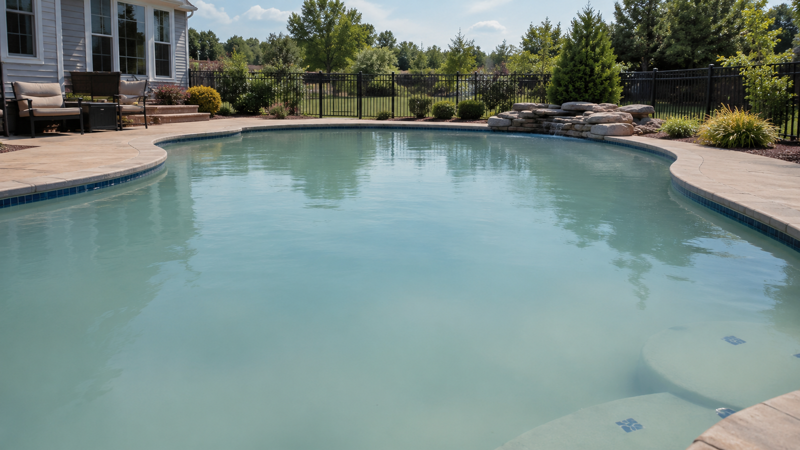 Cloudy residential swimming pool water requiring cleaning in Hayward, California