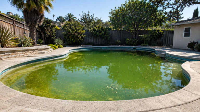 Green swimming pool water at a residential property in Hayward, California