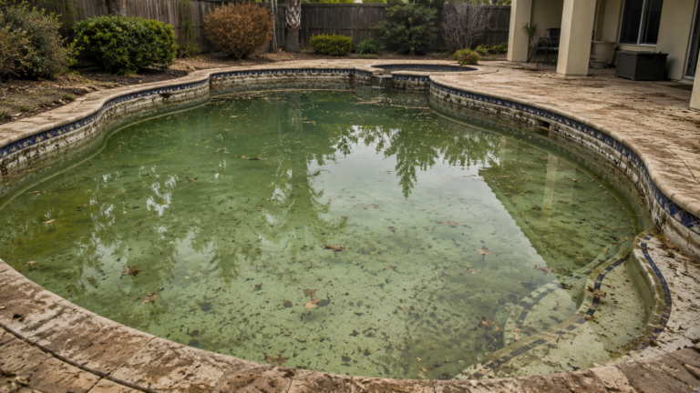 Residential swimming pool in Hayward needing cleaning after an extended period without service