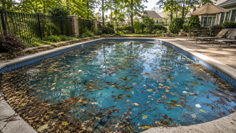 Leaves and landscaping debris floating in a residential swimming pool in Hayward, California