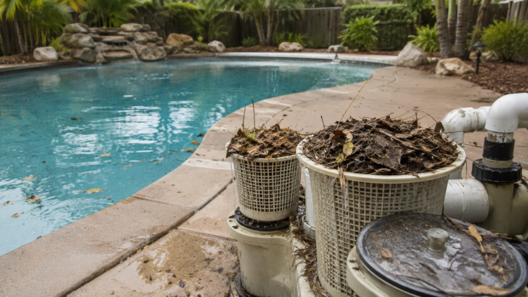 Pool skimmer and pump baskets filled with leaves beside a Hayward residential pool