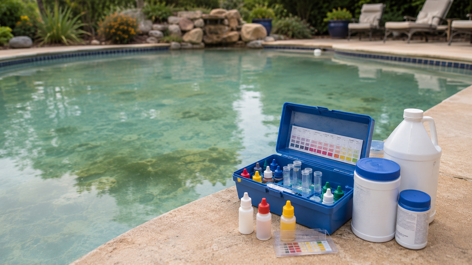 Pool water testing kit used to identify chemical problems in a Hayward residential swimming pool