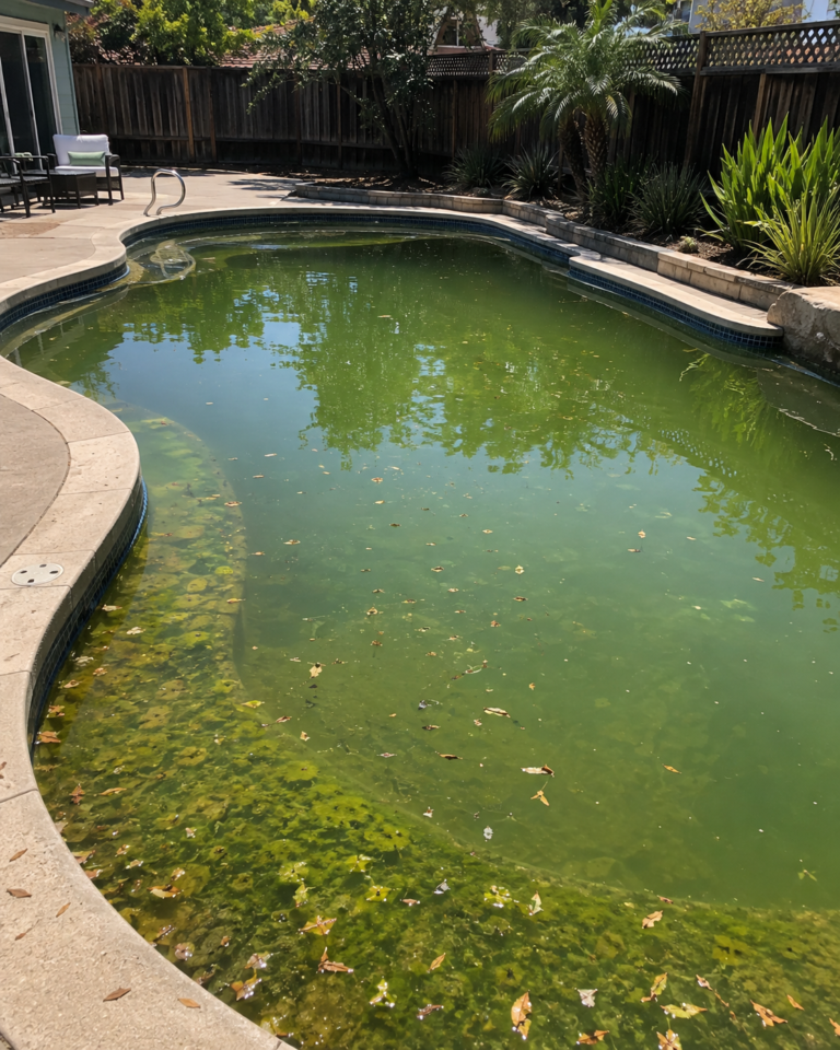 Green algae-filled residential swimming pool awaiting cleanup and algae treatment in Hayward, California