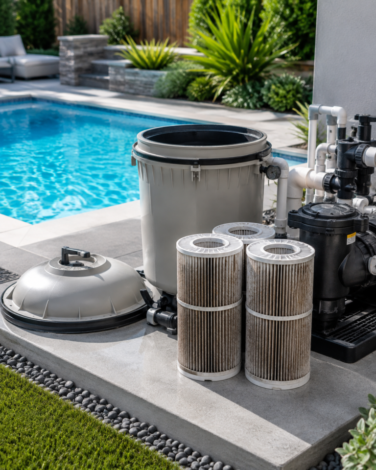 Dirty residential pool filter cartridges removed for cleaning beside swimming pool equipment in Hayward California