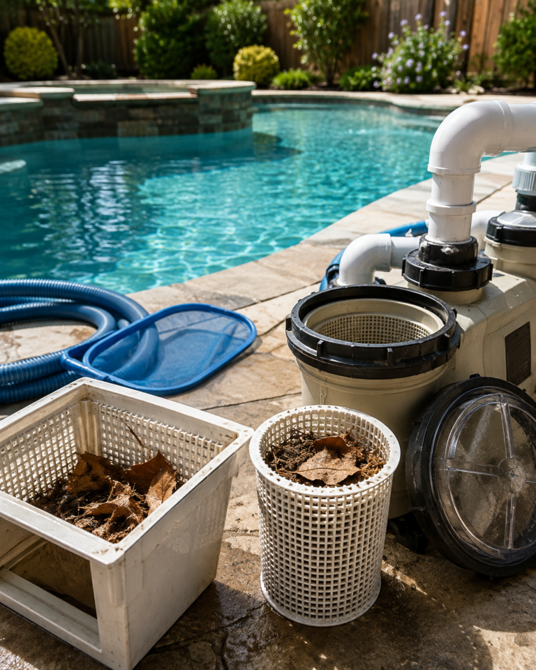 Dirty skimmer and pump baskets filled with leaves beside a residential swimming pool in Hayward, California